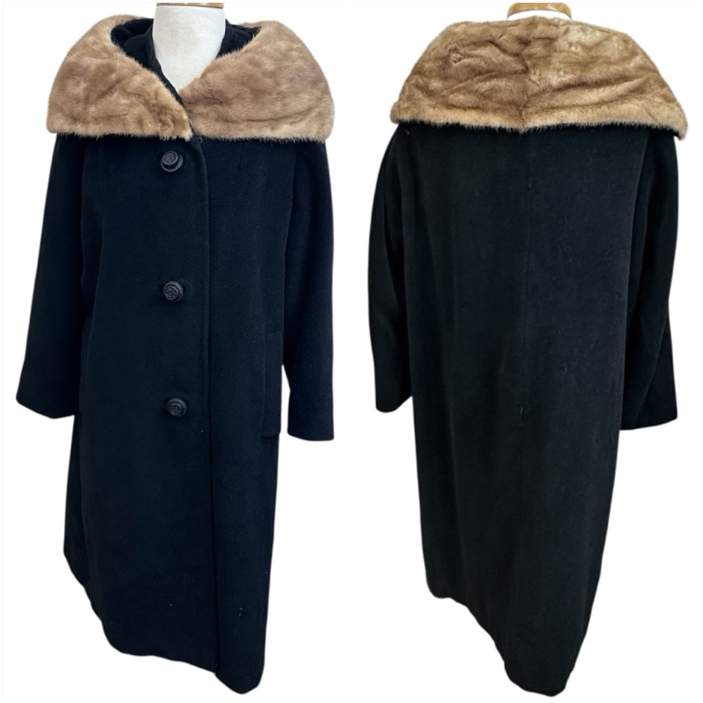60s Vintage Wool & Real Fur Collar Long Coat Large